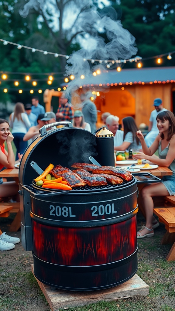 A 200L barrel BBQ grilling ribs and vegetables in a lively outdoor setting.